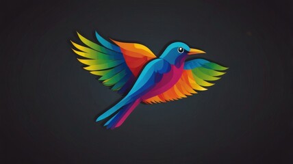 Fototapeta premium Colorful bird in flight, vibrant gradient feathers, dark background.