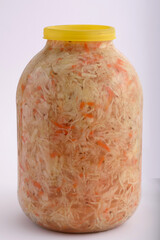 three-liter glass jar with pickled white cabbage