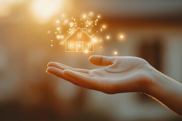 Outstretched hand holding a glowing holographic house against a warm sunset, symbolizing dreams of homeownership, real estate, and the concept of a secure and bright future