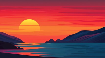 A vibrant sunset over serene mountains and a calm river, showcasing stunning colors and a peaceful atmosphere.