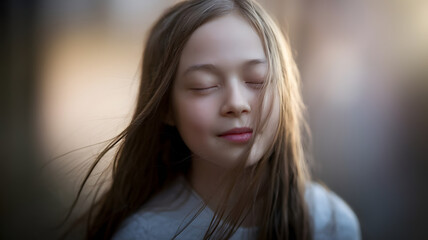 Naklejka premium A serene close-up of a young girl with her eyes gently closed, her hair softly blowing in the breeze, capturing a moment of quiet reflection and peaceful innocence 