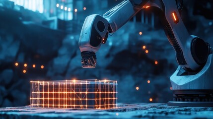 Fototapeta premium Robotic arm placing object in gridded box.