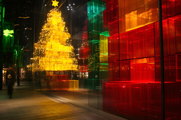 Naklejka premium Festive holiday display urban shopping district night scene vibrant environment captivating viewpoint celebration concept