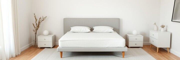 A single, neatly made bed with a firm mattress and a few scattered pillows rests in the center of the room, surrounded by minimalist furniture, bedroom setup, bedroom organization