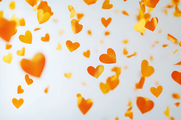Simple flat-lay of heart-shaped confetti scattered onneutral-toned desk withhandwritten love note,copyspace