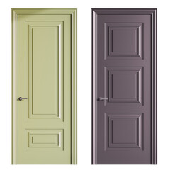 Two doors, one green and one purple, with three panels on each