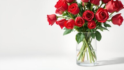 Obraz premium Beautiful bouquet of red roses in a delicate glass vase on a minimalist background, sophistication, luxury