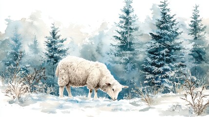 A serene winter scene featuring a sheep grazing in a snowy landscape surrounded by evergreen trees.