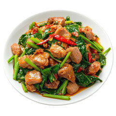 Phak Bong Moo Krob, stir-fried morning glory with crispy pork, crunchy and savory, isolated on white background