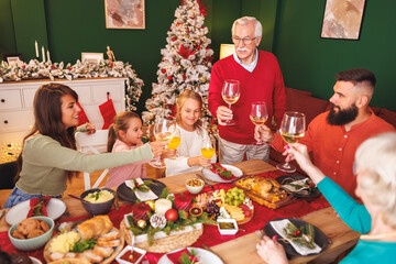 Happy multi-generation family making a toast while having Christmas dinner