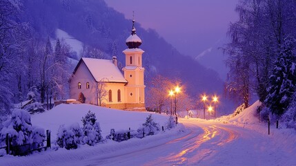 A serene winter scene featuring a quaint church illuminated by streetlights, surrounded by snow-covered trees and a tranquil road.
