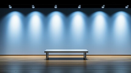 Podium and spotlighting, minimalist exhibition space. A minimalistic space featuring a bench under soft lighting, perfect for exhibitions, galleries, or modern interior designs.