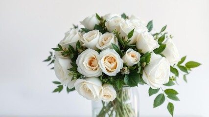 A stunning floral bouquet made from white roses and greenery in a beautiful glass vase, flowers, beautiful, arrangement