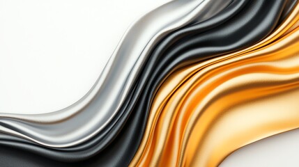 An abstract composition featuring elegant waves of gold, silver, and black fabric that conveys sophistication and style.