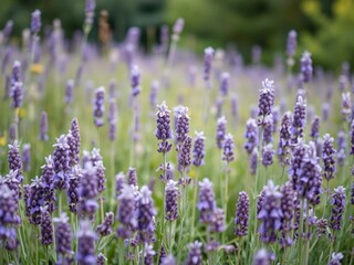 Obraz premium A tranquil meadow filled with vibrant purple lavender swaying gently in the breeze, floral arrangement, countryside scenery, blooming flowers