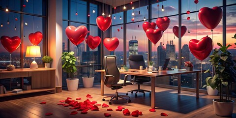 Romantic Night Photography for Valentine's Day in the Office: Captivating Desk Decor, Heart-Shaped Balloons, Soft Lighting, and Cozy Atmosphere Creating a Love-Filled Work Environment