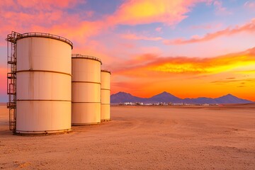 Obraz premium Beautiful sunset over storage tanks in a serene desert landscape, capturing the blend of nature and industry.
