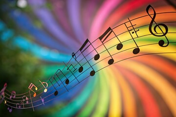 A vibrant cluster of musical notes arranged in dynamic motion against a kaleidoscope background, swirling patterns, colorful music