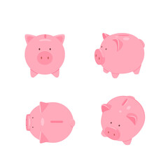 Set of pink piggy banks from different angles. Vector illustration for designs