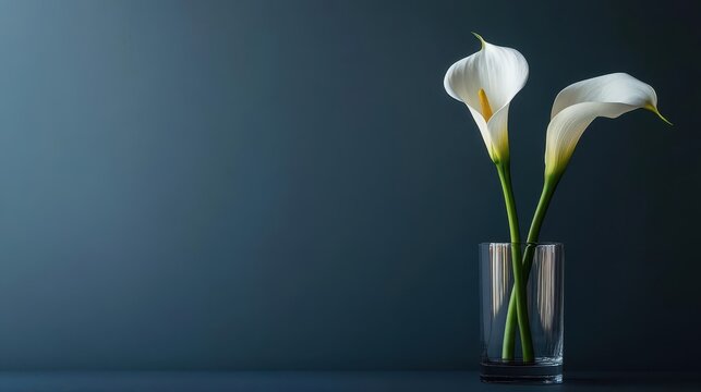 A minimalist composition of a single calla lily in a glass vase against a plain dark background - Powered by Adobe