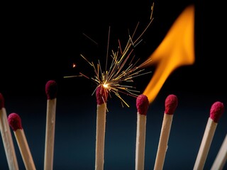 Close-up of burning matchsticks with sparks flying out of the wooden sticks, fire, spark,