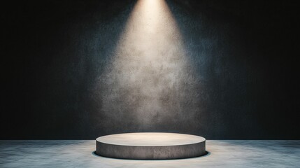 Podium and spotlighting, minimalist exhibition space. A minimalist spotlight illuminates a circular pedestal in a darkened space, creating a dramatic and focused atmosphere.