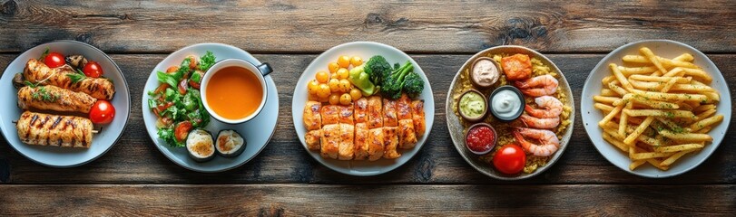 Delicious Assortment of Gourmet Dishes Featuring Grilled Chicken, Shrimp, Fresh Vegetables, Crispy Snacks, Flavorful Dips, and Colorful Salads on Rustic Wooden Table