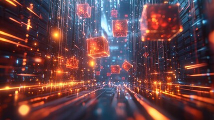 Glowing cubes float in a futuristic digital corridor.