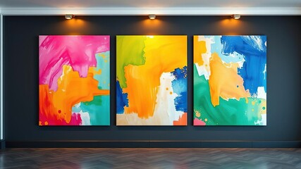 Abstract triptych in vibrant colors on a dark wall with gold accents, modern art, bold patterns, urban decor