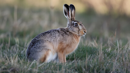 Fototapeta premium A wild hare sits alert in a grassy field dotted with yellow wildflowers
