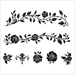 Rose Flower Silhouette Bundle Set, Rose Floral Frame Border Silhouette, Circle Rose Flower