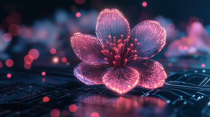 Glowing digital cherry blossom on circuit board.
