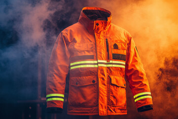 A firefighter protective jacket with reflective stripes in atmospheric smoke, emergency service equipment.