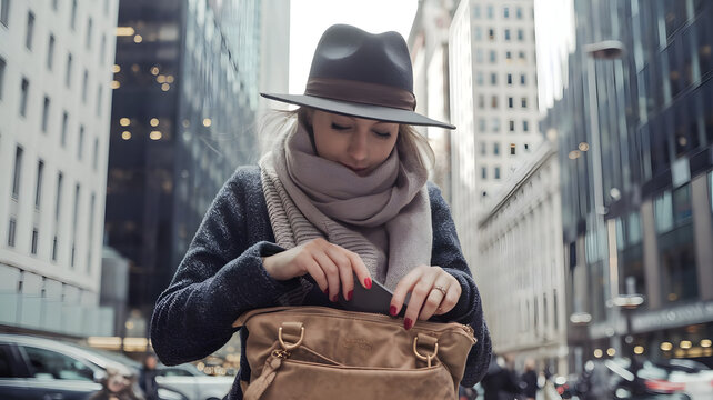 A woman stands on a busy city street, anxiously searching through her bag