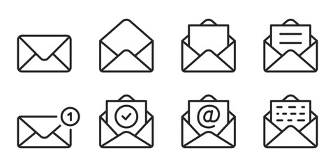 Set of mail envelope icon in linear style. Closed envelope, opened letter, with checkmark and email. Editable stroke. E-mail icon, sign of an incoming unopened message. Vector illustration