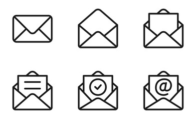 Set of mail envelope icon in linear style. Closed envelope, opened letter, with checkmark and email. Editable stroke. E-mail icon, sign of an incoming unopened message. Vector illustration