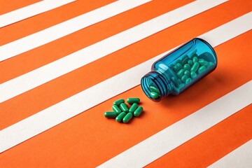 Obraz premium An orange and white striped background with a blue bottle filled with green capsules on the edge, wellness products, orange and white stripes