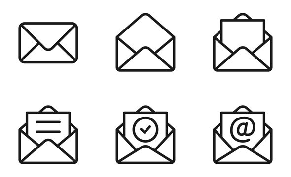 Set of mail envelope icon in linear style. Closed envelope, opened letter, with checkmark and email. Editable stroke. E-mail icon, sign of an incoming unopened message. Vector illustration