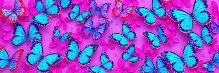 Obraz premium Colorful blue and pink butterfly patterns blended with cyan hues creating a unique and eye-catching effect, pattern, cyan, blue