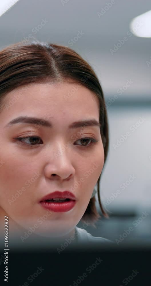 Poster computer, face and business with japanese woman in office for project, communication and email. web 