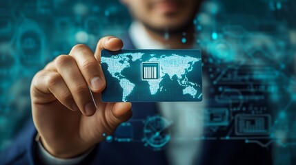 Businessman touching a digital earth map identity card