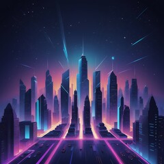 Neon Cityscape at Night: A Futuristic Metropolis Under a Starry Sky with Glowing Roads and Shooting Stars