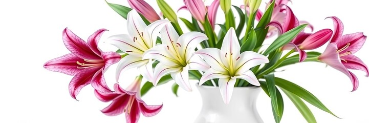 Fototapeta premium Beautiful lily flowers in a simple white vase on a stark white background, peaceful, white, delicate