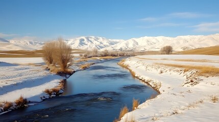 Snowy River Meandering Through Mountain Valley in Winter