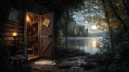 Rustic wooden cabin deep in a forest, with an open door showing signs of forced entry. Inside, the scene is dimly lit . Outside the window, moonlight reflects on a nearby lake,The scene feel tense.