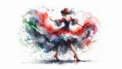 woman performing Tarantella, Italia dance in watercolor illustration with loose and fluid forms