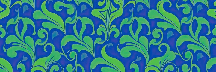 Blue and green color scheme in an Art Nouveau style repeating pattern with curved lines and abstract shapes, blue green colors, abstract shapes