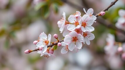 Obraz premium Blossom branch adorned with delicate pastel pink and white cherry plum flowers, flowering trees, delicate blooms
