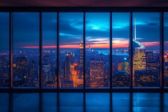 Fototapeta Panoramic view of city skyline at night from office window
