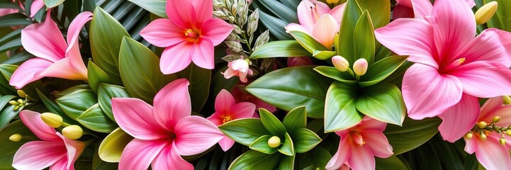 Fototapeta premium Blush Pink and Green Tropical Floral Arrangement, blooming flowers, garden party